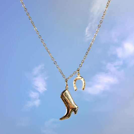 Cowboy boot and horseshoe charm dainty necklace named: Lucky Strides Necklace by Quinney Collection 14k Gold Filled jewelry. Made in Victoria BC Canada