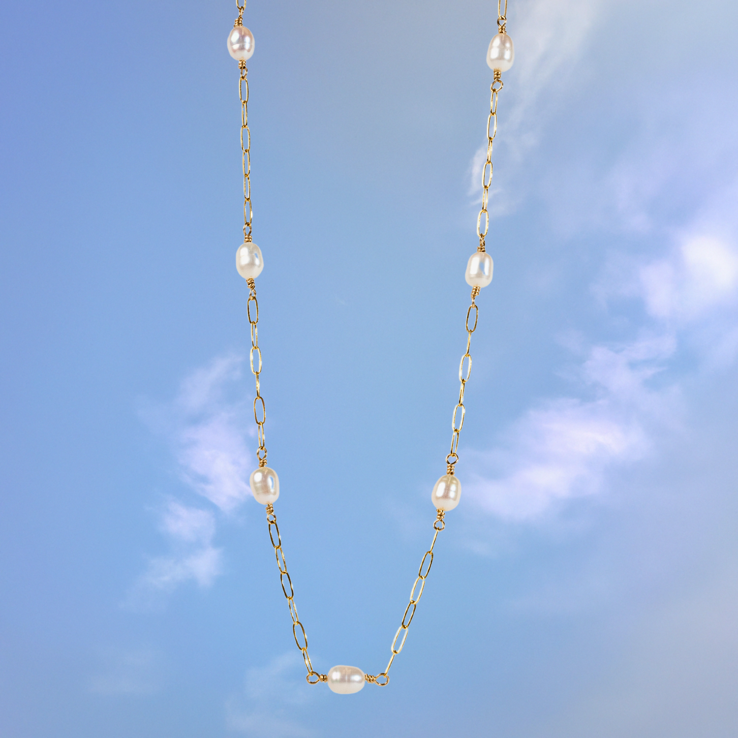 Pearl Station Necklace by Quinney Collection 14k Gold Filled jewelry. Made in Victoria BC Canada