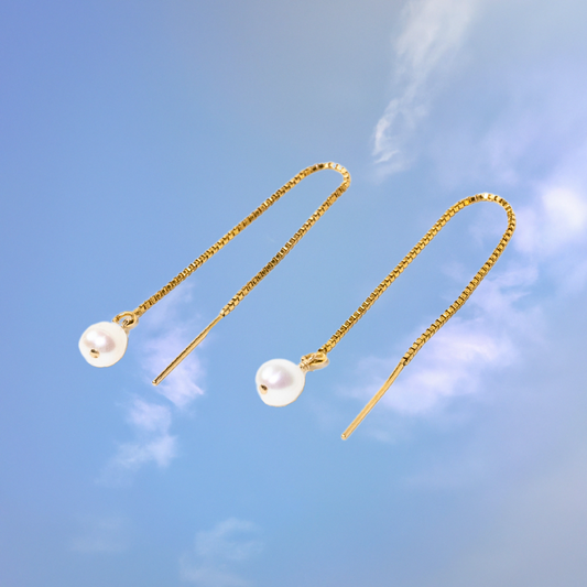 Threader Pearl Earrings by Quinney Collection 14k Gold Filled jewelry. Made in Victoria BC Canada