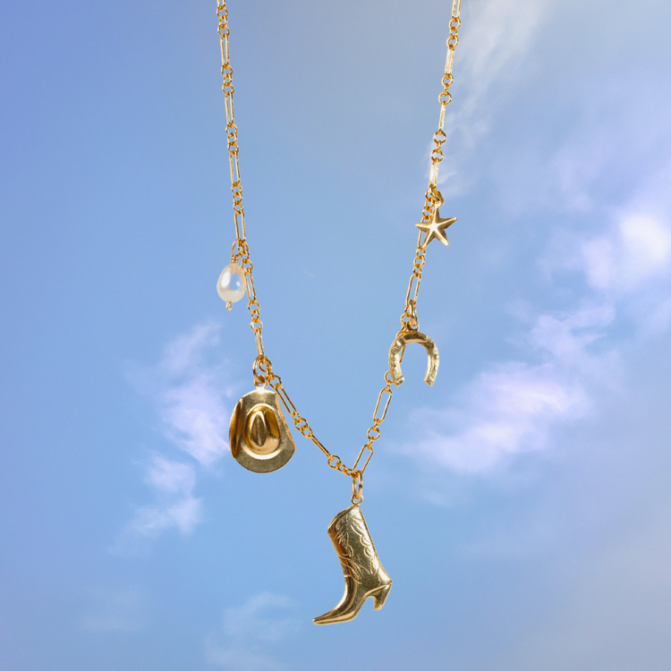 Stampede Charm Necklace by Quinney Collection 14k Gold Filled jewelry. Made in Victoria BC Canada