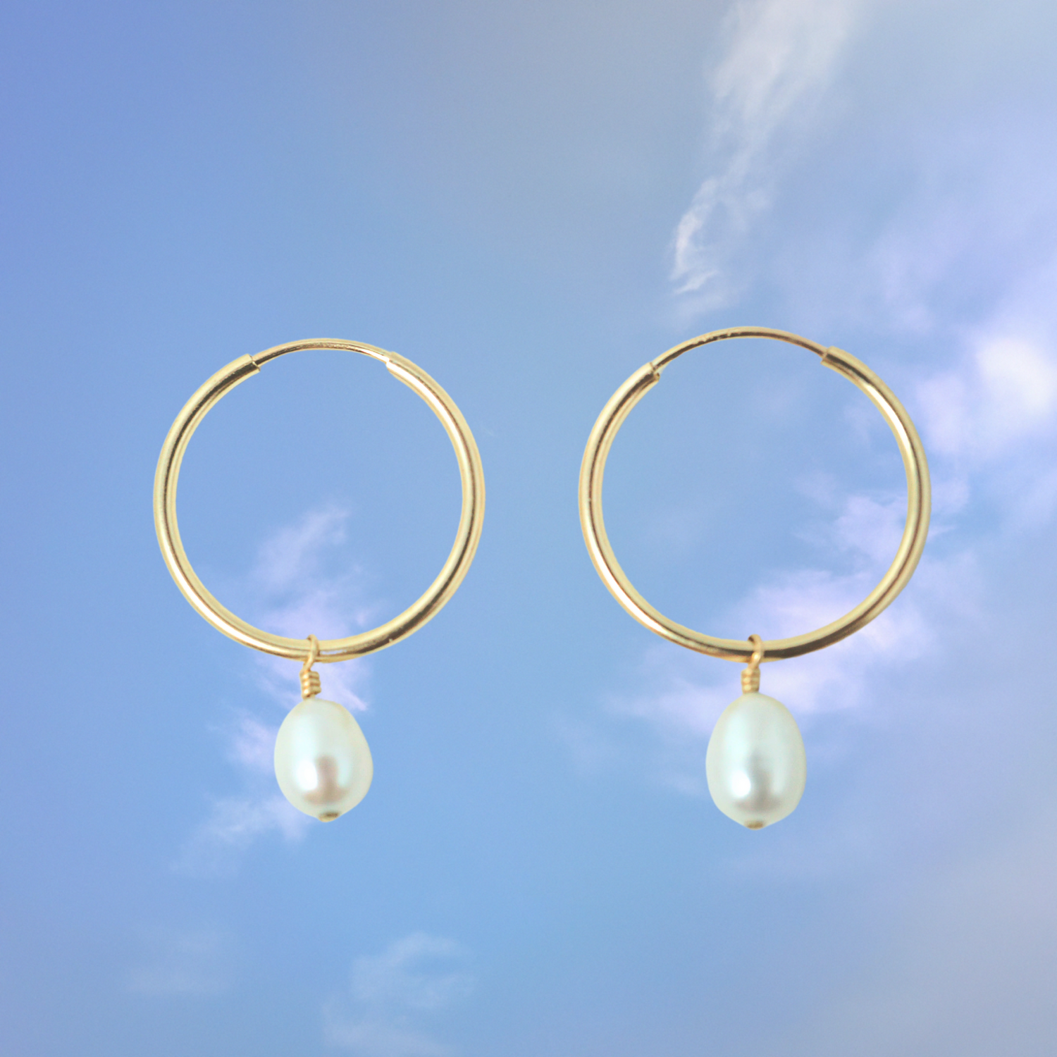 Dainty Pearl Drop Hoops by Quinney Collection 14k Gold Filled jewelry. Made in Victoria BC Canada.