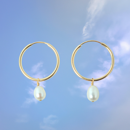 Dainty Pearl Drop Hoops by Quinney Collection 14k Gold Filled jewelry. Made in Victoria BC Canada.